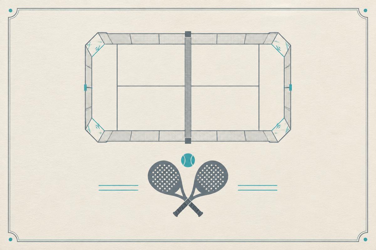 Ilustración de una cancha de pádel con raquetas cruzadas